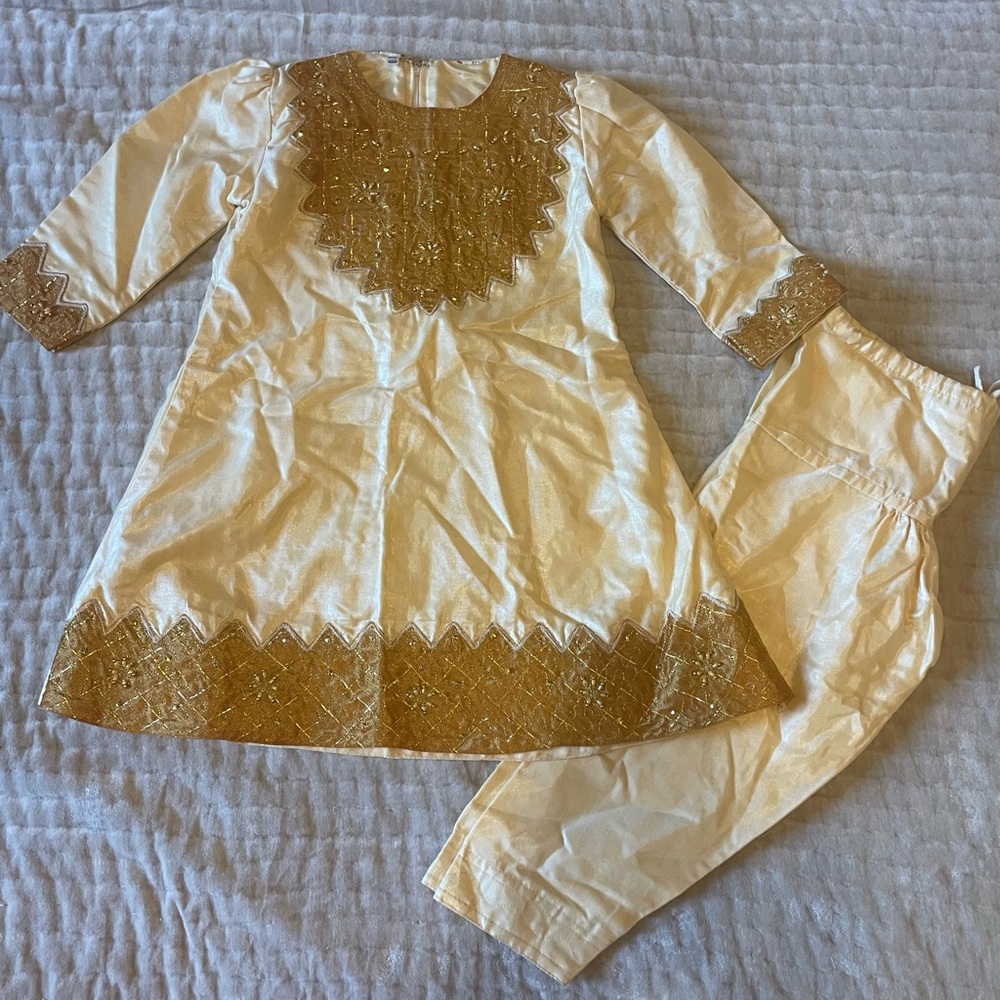 Girls Gold Salwar Kameez Kurta 2-Piece Set Royal Princess Costume Indian Wedding